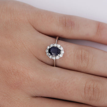 1.14 Carat Oval Deep Blue Sapphire & Round Diamond 18K White Gold Statement Ring – Assay Jewelers