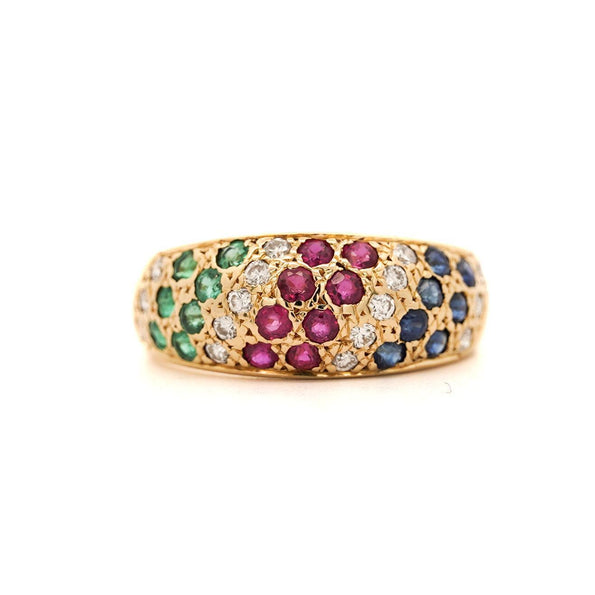1.21 Carat Ruby Sapphire Emerald Diamond 18K Gold Multi Gem Cluster Dome Ring