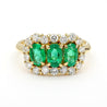1.22 Carat Emerald & Diamond 18K Gold Halo Three Stone Band Ring