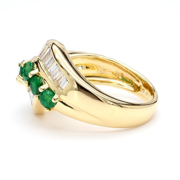 1.22 Carat Round Emerald & Baguette Cut Diamond Wave 18K Gold Band Ring