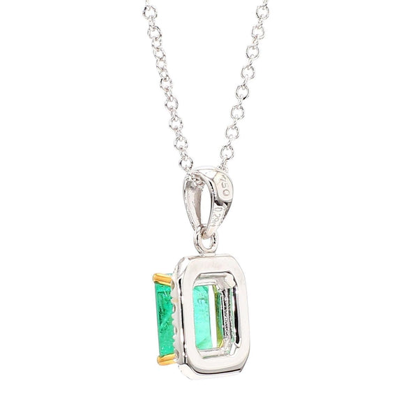 1.26 Carat Colombian Emerald Diamond Halo 18K White Gold Pendant Necklace