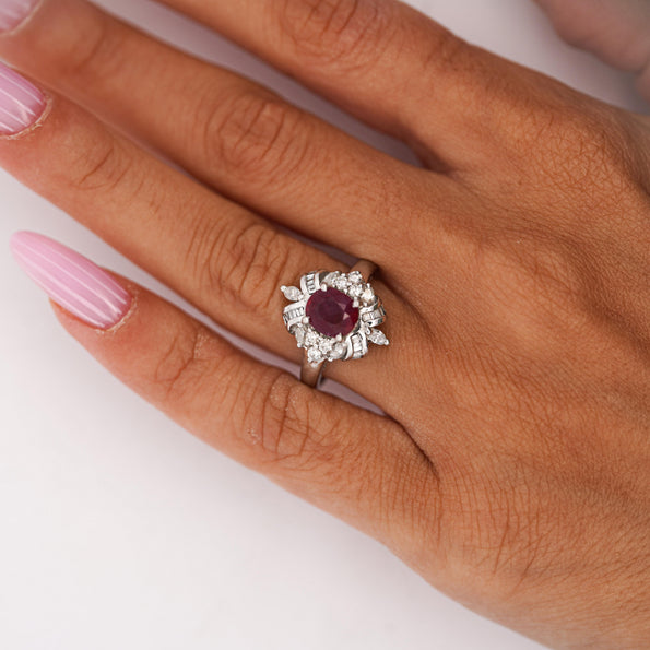 1.26 Carat Oval Ruby & Mixed Diamond Ballerina Platinum Art Nouveau Style Ring