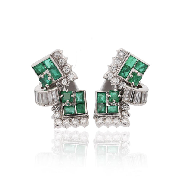 1.30 Carat Emerald & Diamond in 14K White Gold Retro Style Stud Earrings