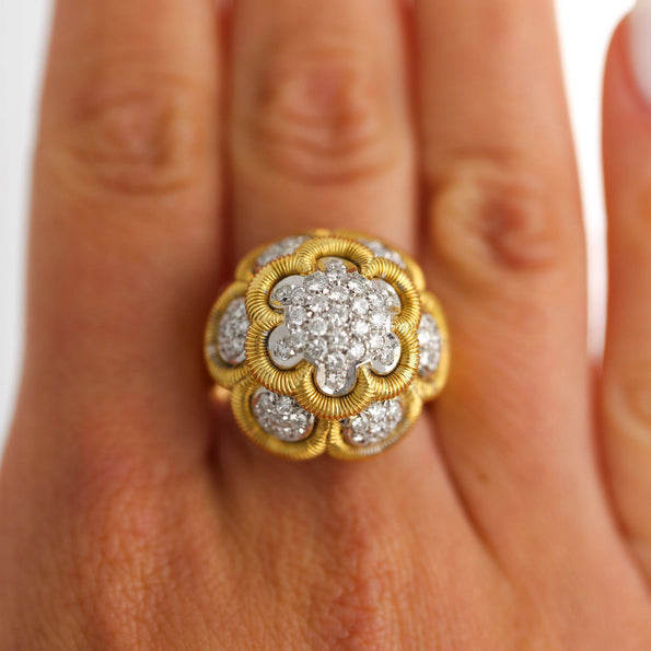 1.35 Carat Round Diamond Pave 18K Two Tone Gold Floral Dome Cocktail Ring