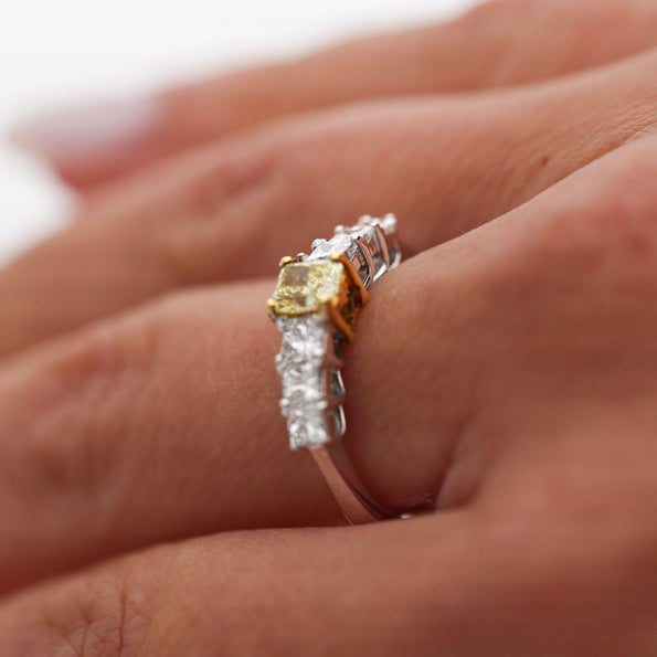 1.41 Carat Fancy Yellow Radiant & White Princess Diamond Illusion Band Ring