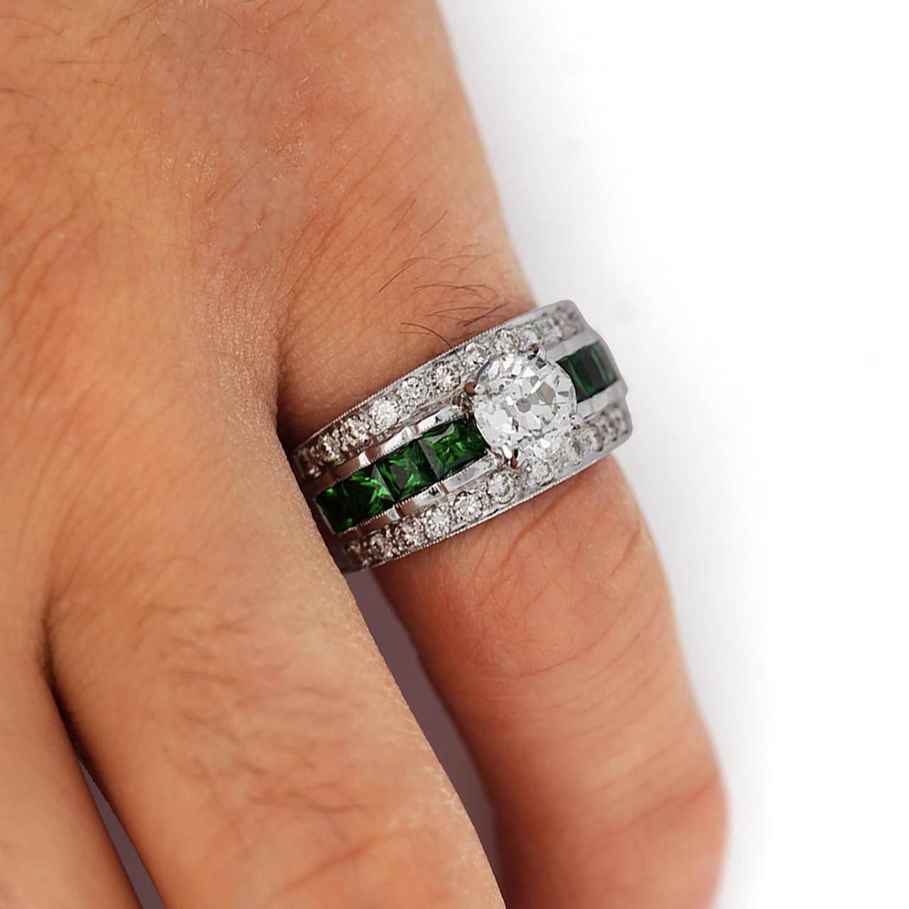 1.48 Carat Old Cut Diamond and Tsavorite Vintage Art Deco Filigree Ring