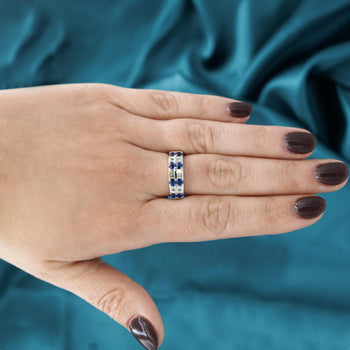 1.58 Carat Blue Round Sapphire & Baguette Diamond Platinum 6MM Band Ring – Assay Jewelers