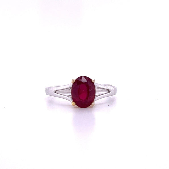 1.64 Carat Oval Ruby Solitaire Split Shank Ring in 14K White Gold