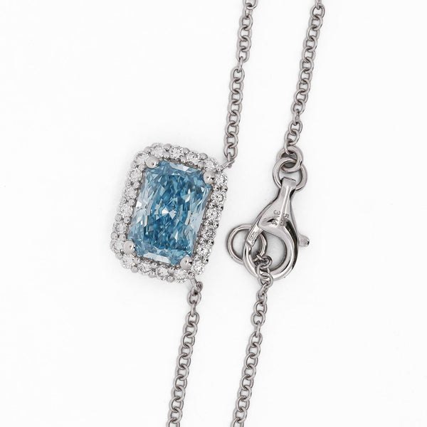 1.72 Carat Radiant Cut Blue & White Diamond Halo 14K White Gold Pendant Necklace