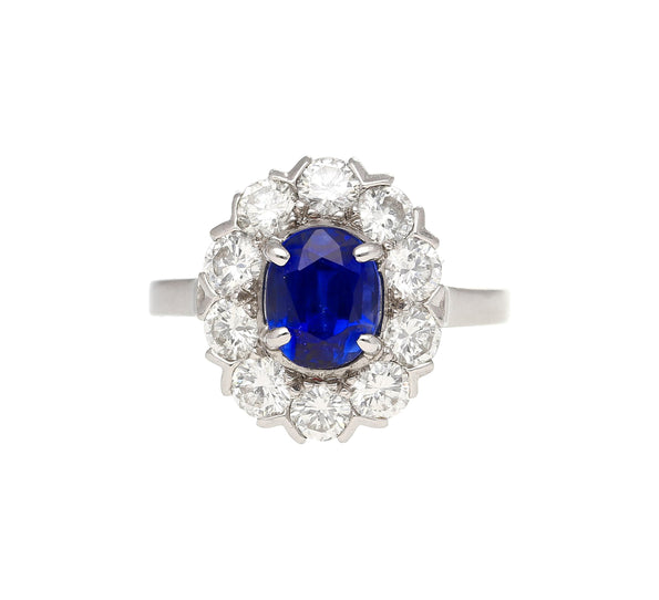 1.89 Carat Oval Kashmir Blue Sapphire & Diamond Platinum Art Deco Vintage Ring