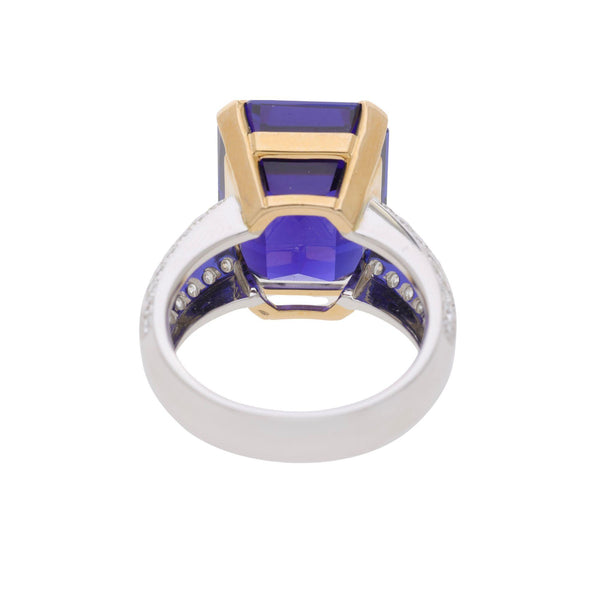 20.45 Carat Emerald Cut Tanzanite & Diamond in 14K Two Tone Gold Cocktail Ring
