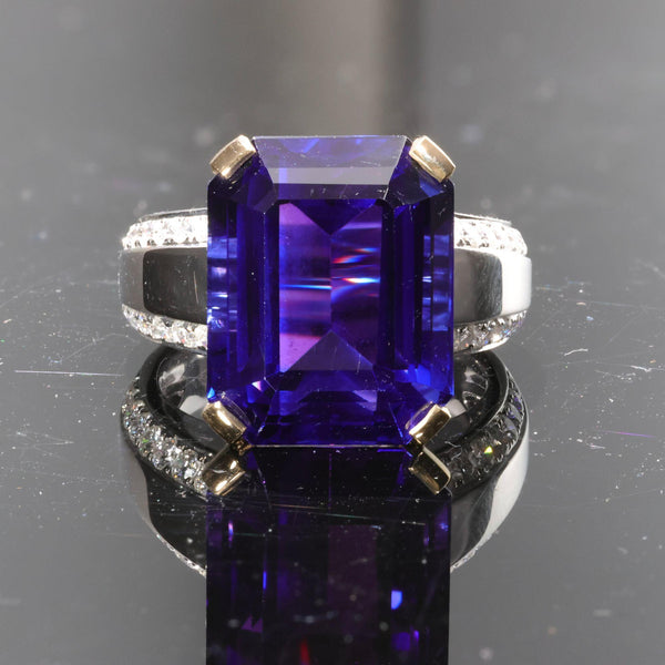 20.45 Carat Emerald Cut Tanzanite & Diamond in 14K Two Tone Gold Cocktail Ring