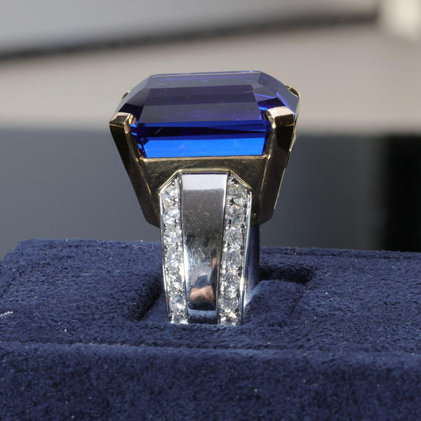 20.45 Carat Emerald Cut Tanzanite & Diamond in 14K Two Tone Gold Cocktail Ring
