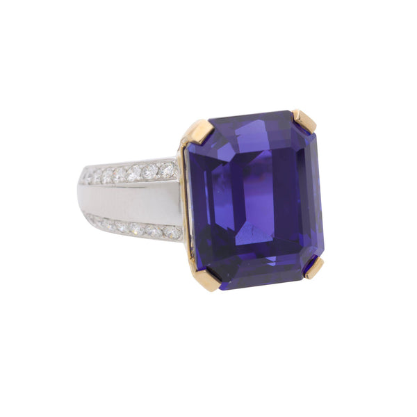 20.45 Carat Emerald Cut Tanzanite & Diamond in 14K Two Tone Gold Cocktail Ring