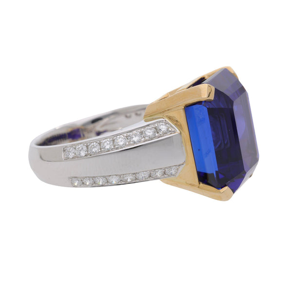 20.45 Carat Emerald Cut Tanzanite & Diamond in 14K Two Tone Gold Cocktail Ring