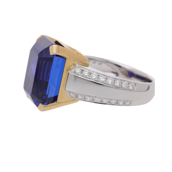 20.45 Carat Emerald Cut Tanzanite & Diamond in 14K Two Tone Gold Cocktail Ring
