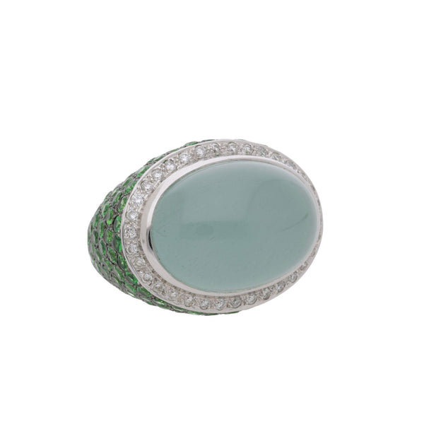20.86 Carat Oval Aquamarine Tsavorite Diamond Dome 18K White Gold Cocktail Ring