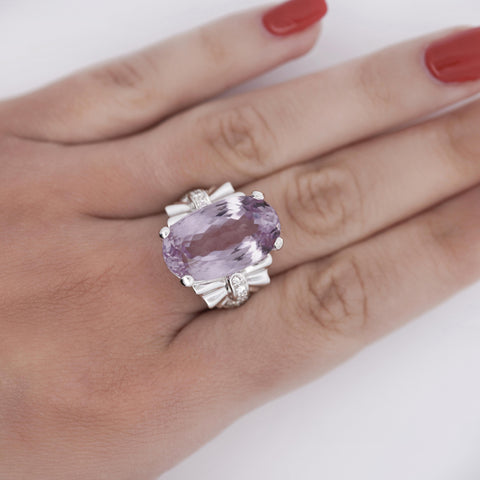 20.96 Carat Oval Light Pink Kunzite & Diamond in Platinum Filigree Cocktail Ring