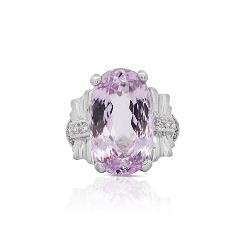 20.96 Carat Oval Light Pink Kunzite & Diamond in Platinum Filigree Cocktail Ring