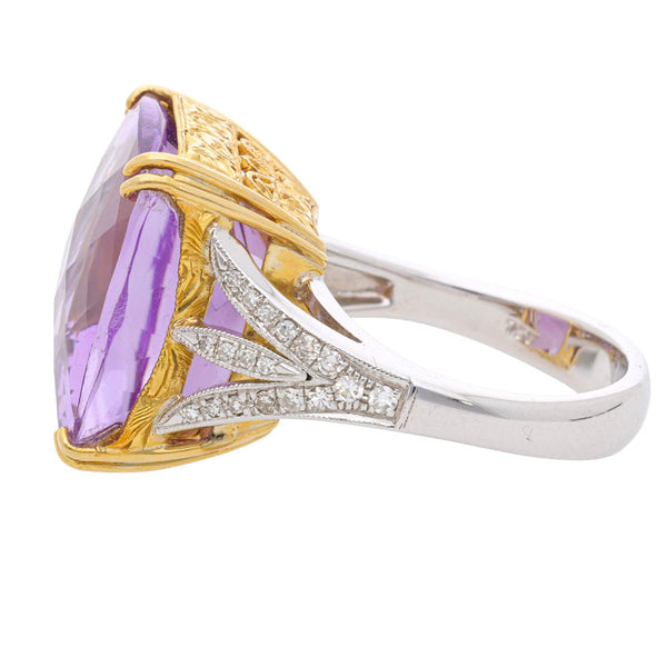 22.48 Carat Cushion Checkerboard Amethyst & Diamond Filigree 18K Two Tone Ring