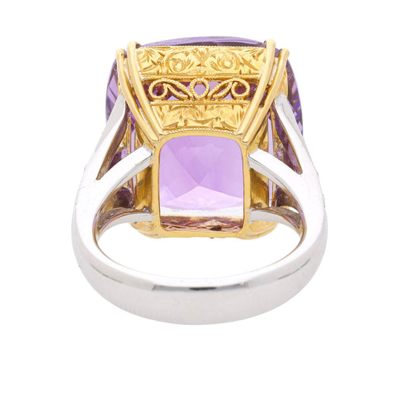 22.48 Carat Cushion Checkerboard Amethyst & Diamond Filigree 18K Two Tone Ring