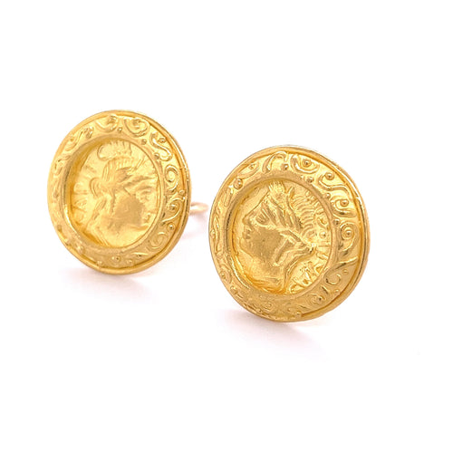 22k Gold Vintage Roman Coin Motif Round Earrings Signed Denise Roberge