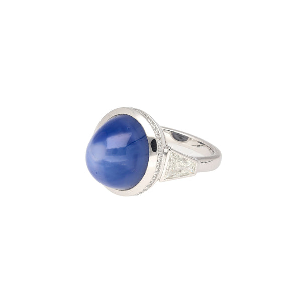 25 Carat GRS Certified No Heat Cabochon Cut Blue Star Sapphire Ring With Trapezoid Cut Diamonds
