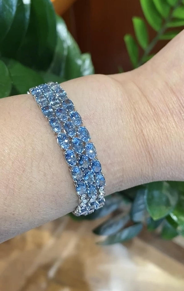28 Carat Oval Cut Aquamarine Three Row Tennis Bracelet