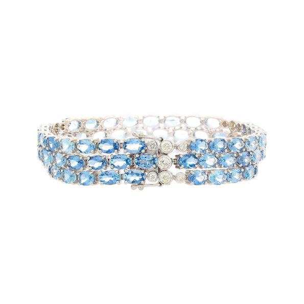28 Carat Oval Cut Aquamarine Three Row Tennis Bracelet
