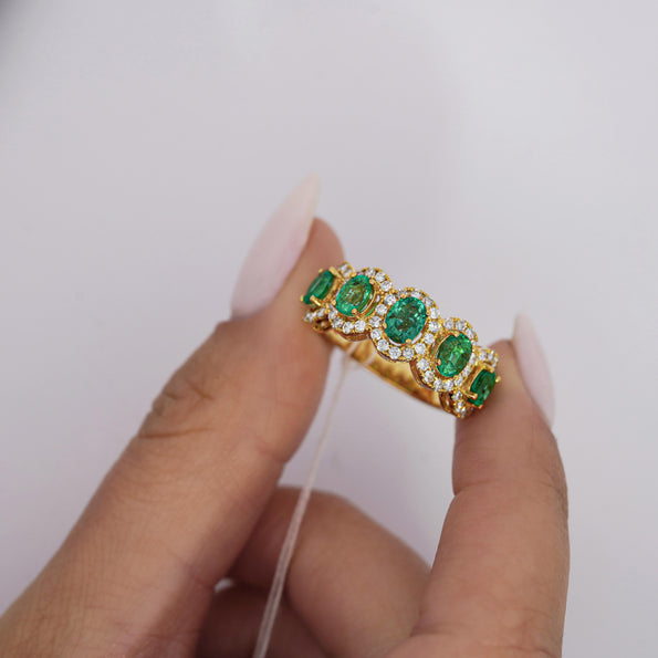 2.11 Carat Oval Cut Emerald and Diamond Wedding Band in 18K Gold