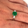 2.19 Carat Natural Emerald 3-Stone Ring with Baguette Diamond in 18K White Gold