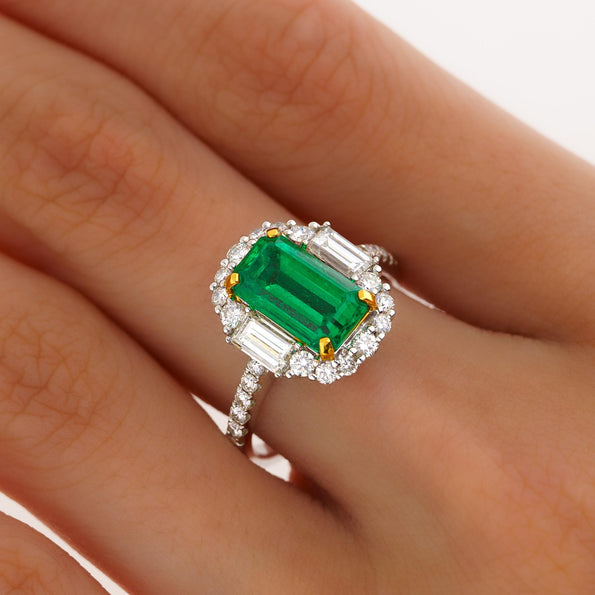 2.22 Carat Emerald Cut Natural 10MM Emerald & Baguette Diamond Ring
