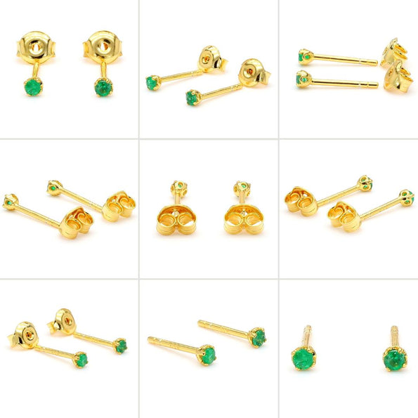 2.5mm Tiny Natural Emerald Round Stud Earrings 14K Gold Plated Silver