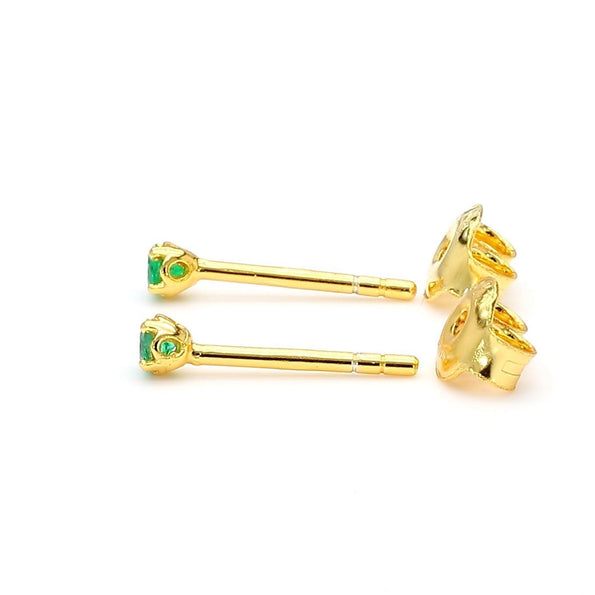 2.5mm Tiny Natural Emerald Round Stud Earrings 14K Gold Plated Silver