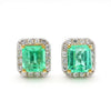 2.60 Carat Emerald Cut Emerald and Diamond Halo 18K Two Tone Gold Stud Earring