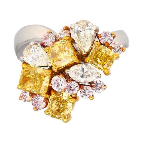 3 Carat Pink, Yellow, White Multi Cut Diamond Cluster Platinum And 18K Gold Ring