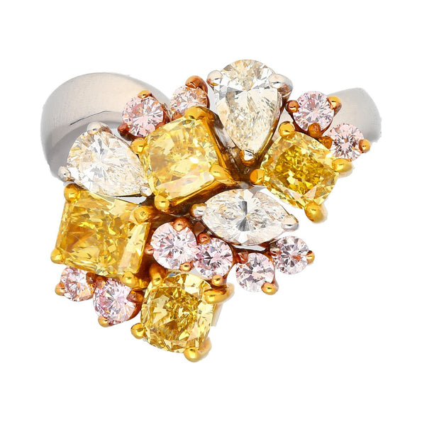 3 Carat Pink, Yellow, White Multi Cut Diamond Cluster Platinum And 18K Gold Ring