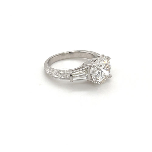 3 Carat Round Lab Grown Diamond With Baguette Diamond Side Stones in Vintage Platinum Ring