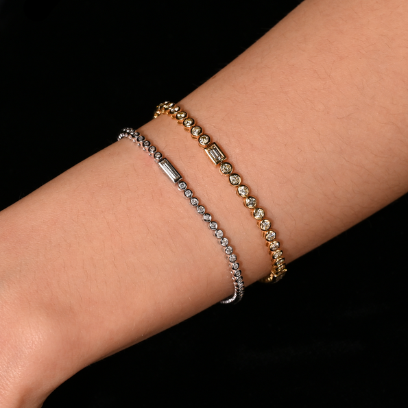 3/4 Carat Baguette & Round Diamond Bezel Set 14K White Gold Tennis Bracelet