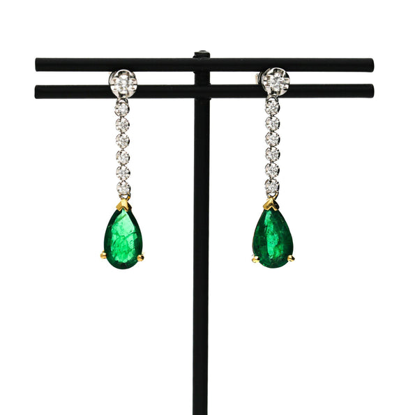 3.02 Carat Pear Vivid Green Emerald & Diamond 18K Gold Drop Earring
