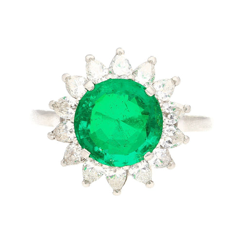 3.02 Carat Vivid Green Round Cut Colombian Emerald and Diamond Halo Platinum Ring