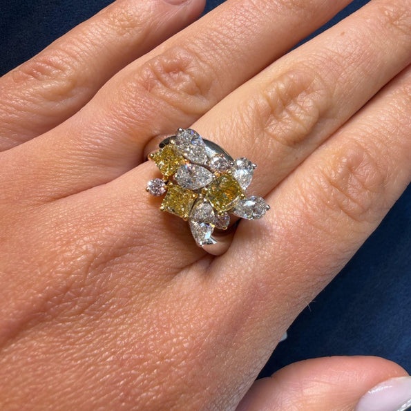 3.07 Carat Yellow Cushion Pink White Diamond in Platinum 18K Gold Cluster Ring