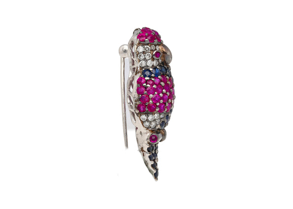 3.14 Carat Pink & Blue Sapphire & Diamond Pave in 18K White Gold Parrot Brooch