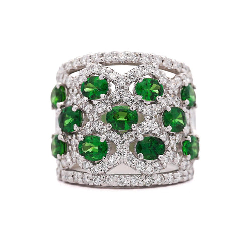 3.25 Carat Tsavorite Garnet & Diamond Platinum Wavy Wide Band Ring