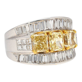 3.28 Carat TW Natural Radiant Cut Fancy Yellow Diamond 3-Stone Ring in 18K White Gold – Assay Jewelers