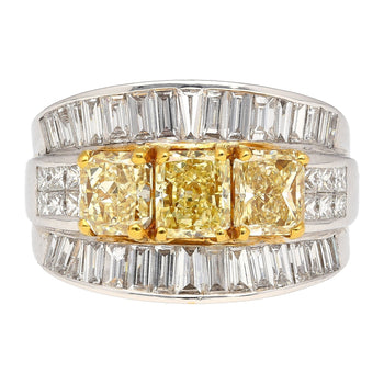 3.28 Carat TW Natural Radiant Cut Fancy Yellow Diamond 3-Stone Ring in 18K White Gold – Assay Jewelers