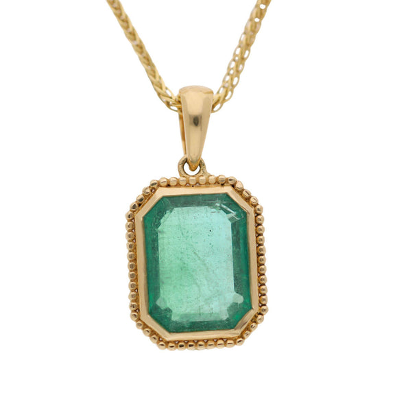 3.47 Carat Emerald Cut Emerald Milgrain Bezel 18K Yellow Gold Pendant Necklace