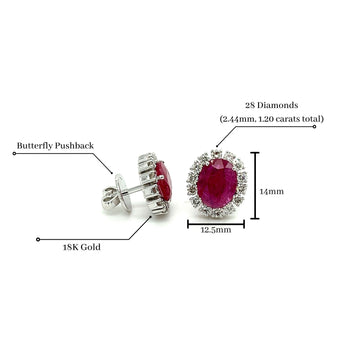 Boucles d’oreilles en rubis taille ovale 3.5 Carat sans traitement thermique avec halo de diamants ronds – Assay Jewelers