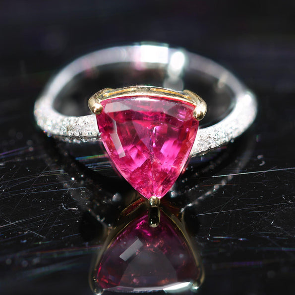 3.54 Carat Trilliant Rubellite Pink Tourmaline & Diamond 18K Two Tone Gold Ring