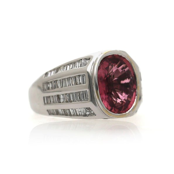 3.59 Carat Oval Pink Tourmaline and Baguette Diamond 18K White Gold Unisex Ring